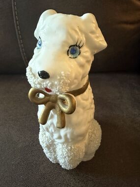 Vtg. 1950s I. W. & Co. Rice Dog Blue Eyes Porcelain Hand-Painted Vase Lamp Bow